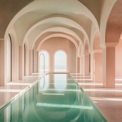 Fototapeta premium An exquisite indoor pool adorned with elegant arched ceilings and soft, calming colors, providing a serene atmosphere that embodies luxury and tranquility.