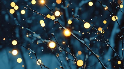 Snowy branches with lights, winter night scene, bokeh background, holiday card