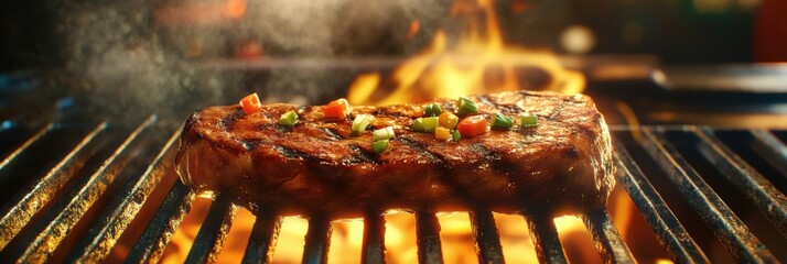 Sizzling juicy steak on a grill with flames and smoke creating a mouthwatering experience