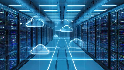 Data Center Cloud Computing:Rows of powerful servers in a modern data center, illuminated by a futuristic blue glow, with cloud computing icons floating above.