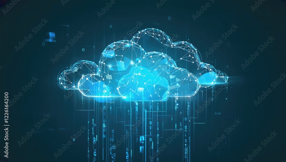 Poster digital cloud network: abstract glowing blue polygonal cloud network with data streams flowing downw