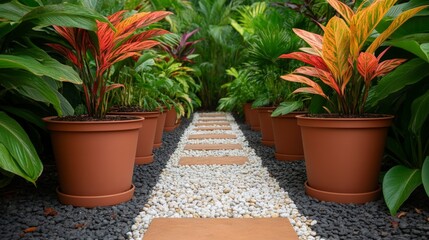 Fototapeta premium Lush Garden Pathway Surrounded by Vibrant Foliage and Decorative Flower Pots