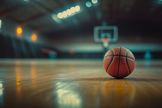 Basketball and hoop basketball court on blurred background.  - Powered by Adobe