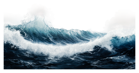 Churning waves of the ocean under a cloudy sky isolated on transparent background