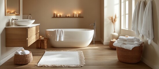 Spa-like bathroom candles, bathtub, towels, wood floor