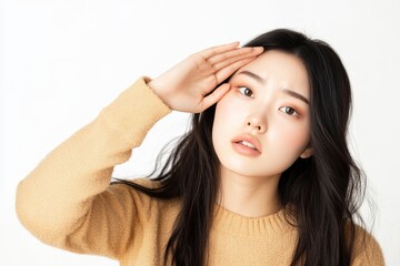 Fototapeta premium A young Korean woman in a cozy sweater touches her forehead, displaying a thoughtful expression against a plain background.