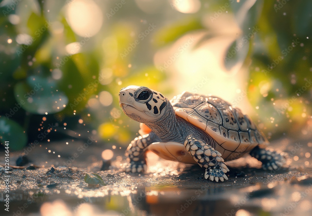 Poster a close-up view of a beautiful baby turtle exploring a sunlit environment surrounded by nature with 