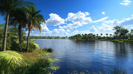 Obraz premium Serene lakeside view with lush greenery and vibrant clouds reflecting on calm water