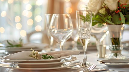 Beautiful white flowers and shiny tableware set an elegant scene for guests at the restaurant