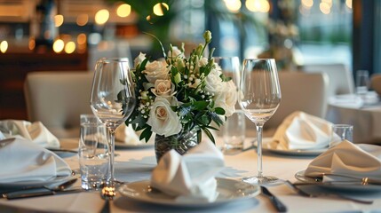 Fototapeta premium Elegant white rose centerpiece adorning a wedding reception table setting
