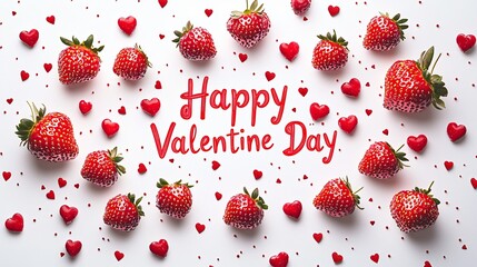 Valentine Day Strawberries Hearts Scattered on White Background for Festive Celebration Design.