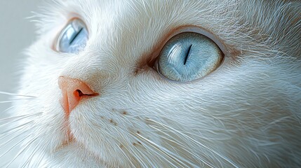 White Cat Face Close Up View With Light Blue Eyes Pink Nose And Long Whiskers Details.