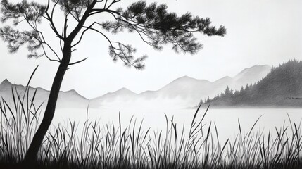 Serene Monochrome Landscape Misty Lake and Solitary Pine Tree