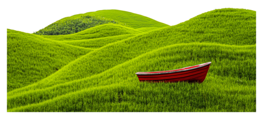 Red boat in green hills under sun isolated on transparent background