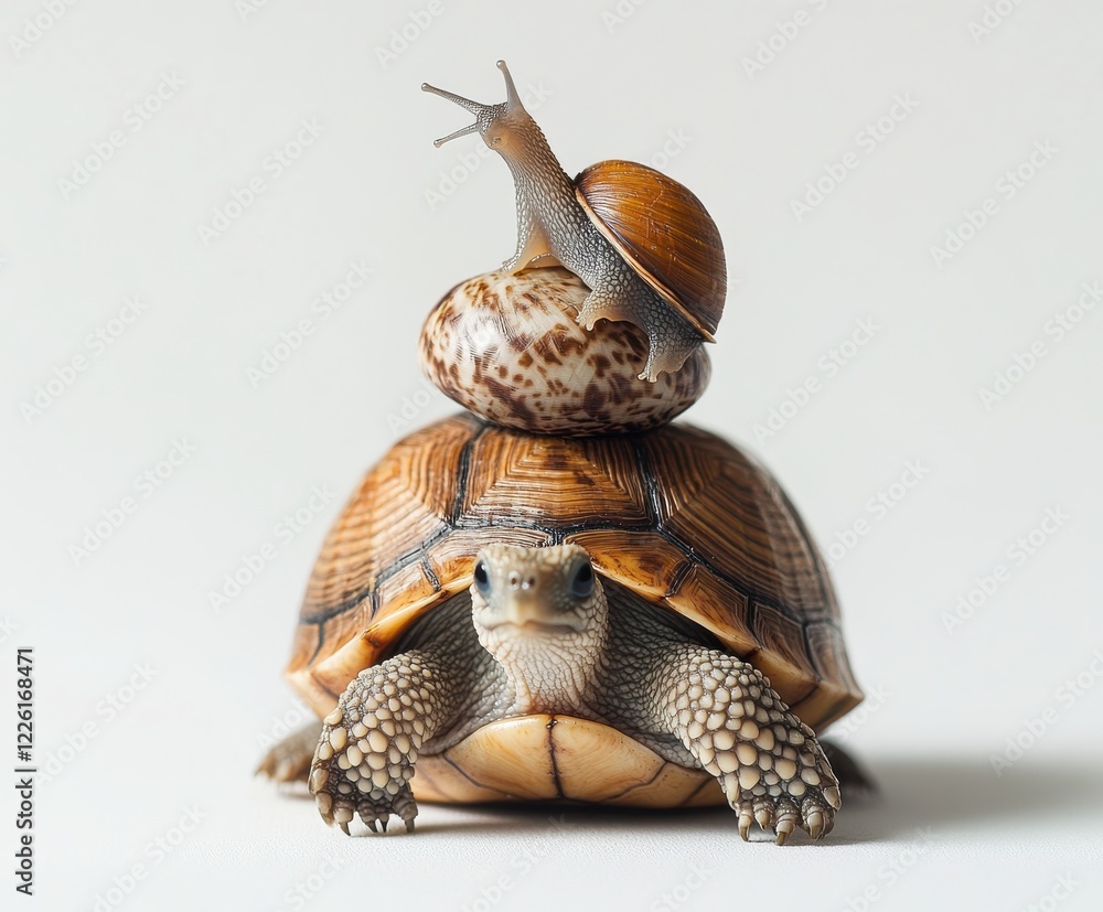 Poster a whimsical scene featuring a tortoise with a snail perched on an egg, capturing the playful interac