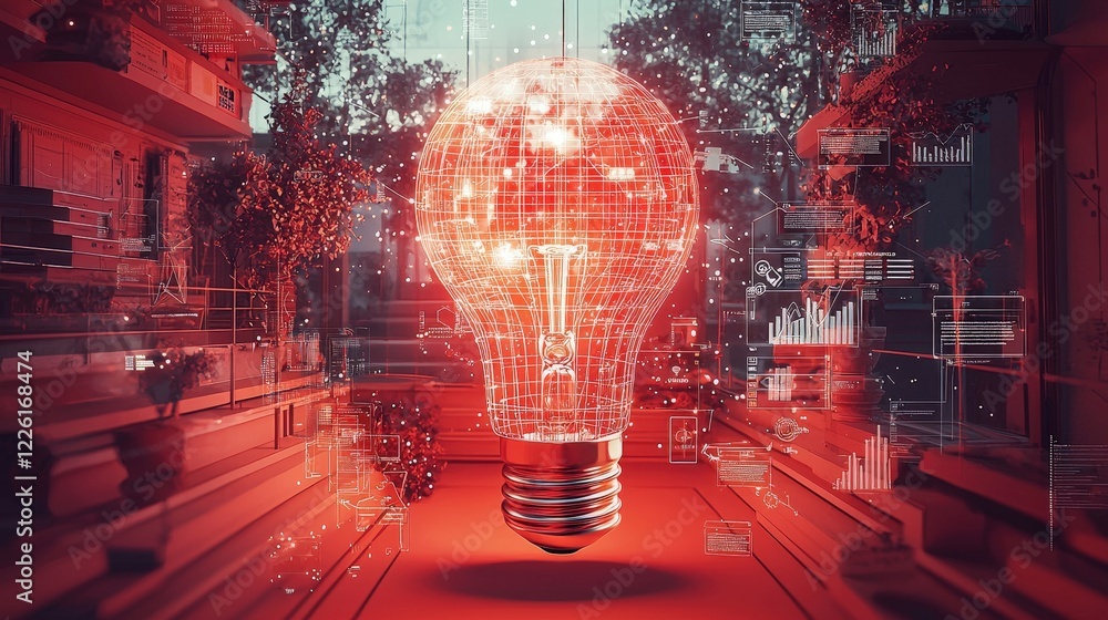 Poster futuristic red light bulb with digital elements illuminating a modern environment
