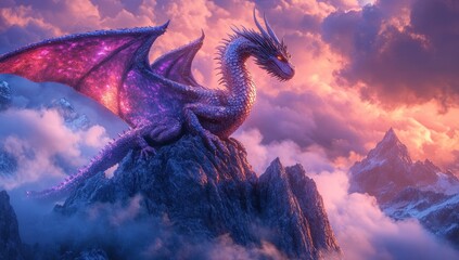 Majestic dragon perched on rocky peak in a mountainous landscape