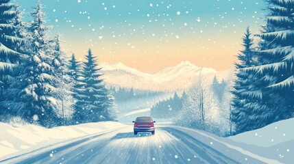 Snowy road trip, winter mountains, car driving, snowfall, travel poster