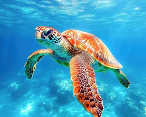 Fototapeta premium A Vibrant Sea Turtle Gliding Through Crystal Clear Ocean Water Surrounded by Colorful Coral and Sunlight Rays in a Serene Underwater Environment