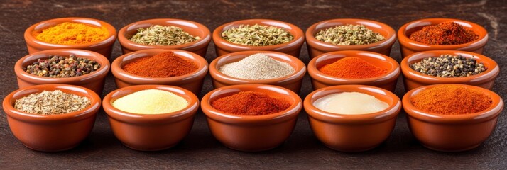 Colorful spices arranged in small bowls on dark stone surface ready for culinary use