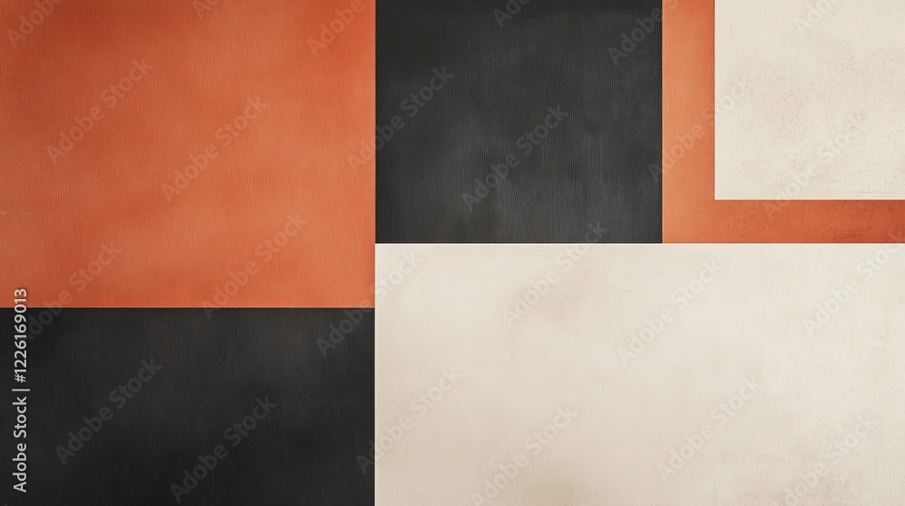 Poster a geometric abstract art piece featuring bold black and orange squares, creating a visually striking