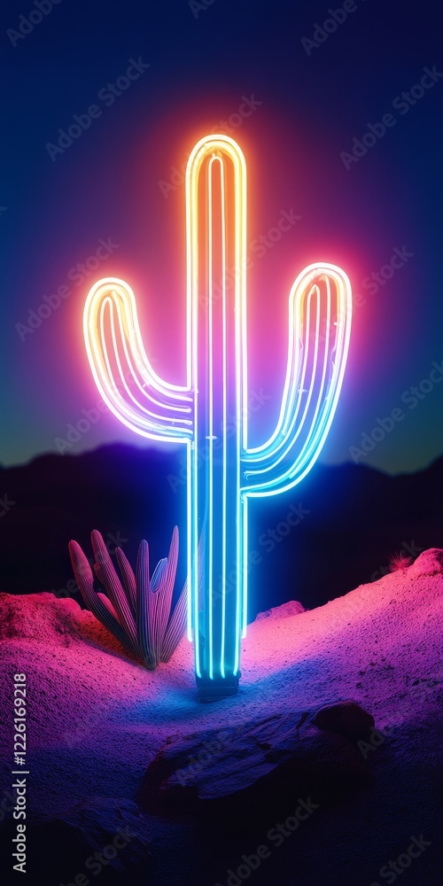 Poster A mesmerizing scene where a neon cactus illuminates the dark desert night, creating an intriguing interplay of natural and artificial elements in bright colors and unique style.