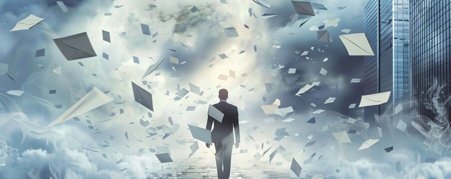 Businessman strolls towards a radiant glow on a pathway as papers and envelopes whirl around him