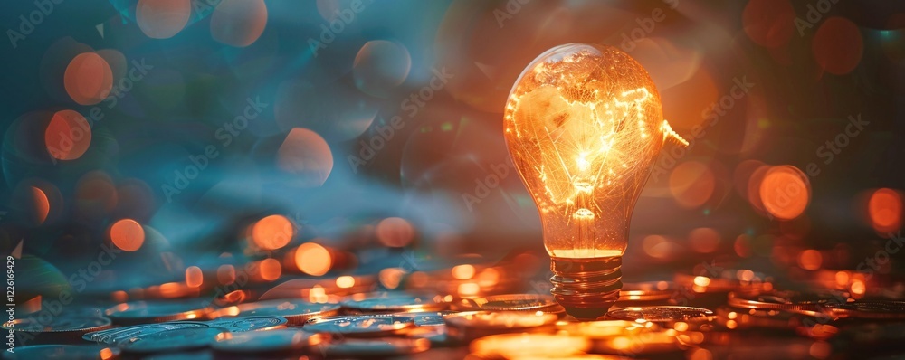 Aufkleber light bulb is glowing on a bed of coins with an out of focus background