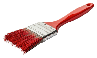 Paintbrush with red bristles ready for use isolated on transparent background