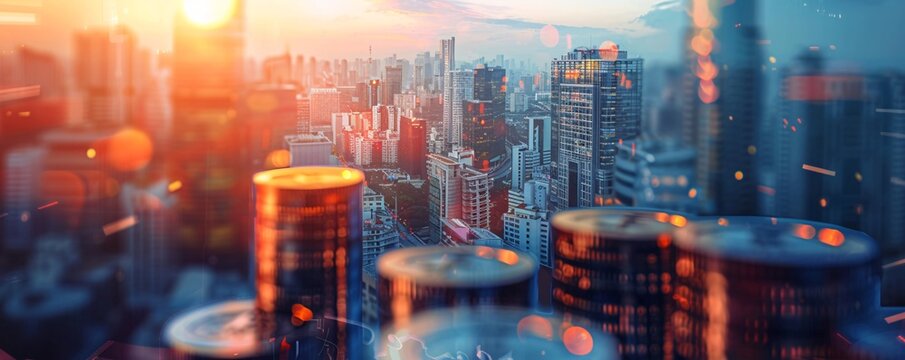 Golden cryptocurrency coins standing on modern city background at sunset, concept of finance and investment