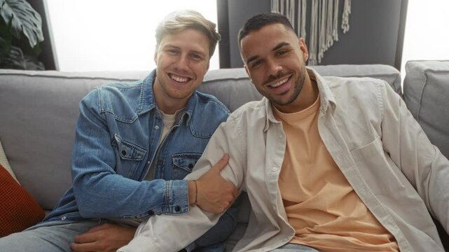 Men friends sitting in a cozy living room smiling warmly at the camera conveying a sense of happiness and close relationship in a home interior setting