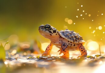 Fototapeta premium Adorable Spotted Turtle Walking Through Water with Sparkling Sunlight in Background, Capturing Nature's Beauty in a Vibrant Scene
