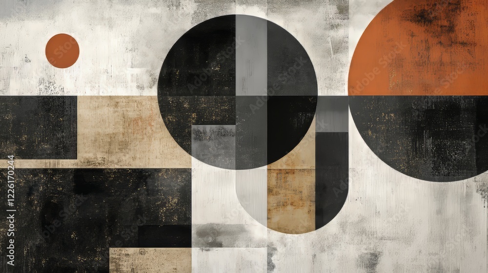 Poster a vintage abstract geometric art piece featuring large and small circles along with blocks arranged 
