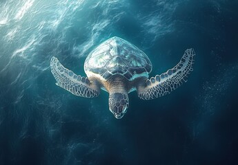 Fototapeta premium Aerial View of a Graceful Sea Turtle Swimming in Clear Blue Ocean Waters with Sunlight Reflections and Soft Waves Beneath the Surface
