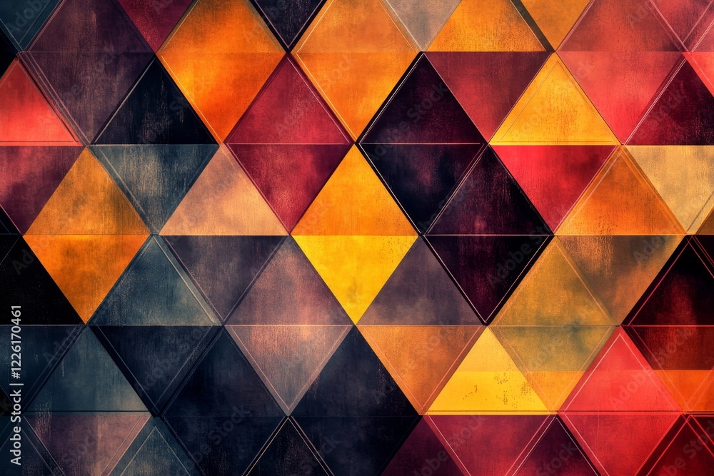 Poster a vibrant and dynamic geometric pattern featuring a kaleidoscope of triangles in warm and cool hues,