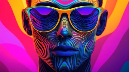 A striking portrait featuring a vivid neon color palette and surreal psychedelic effects, with oversized sunglasses, exuding cool retro vibes and artistic flair.