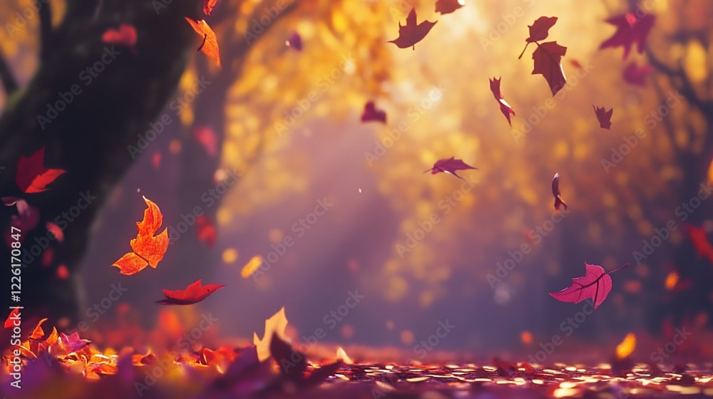 Poster falling autumn leaves create a mesmerizing display in a forest with trees in the background