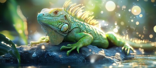 Obraz premium Green iguana basking on rock near water.