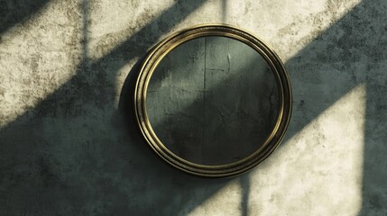 Golden retro makeup mirror on concrete wall. 3D rendering.