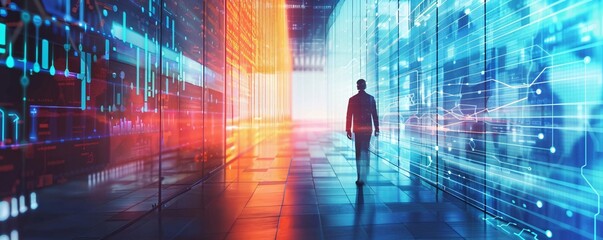 Businessman walking towards server room light at end of the technological tunnel