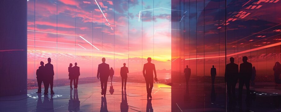 Business people are walking in a modern office with a beautiful sunset view over the city