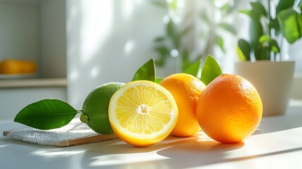 Citrus Fruits in Sunlight: Lemons, Limes, and Oranges on a Kitchen Counter