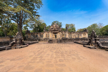Lintel of the main castle, made of sandstone, carved with images in an ancient site, Ancient architecture Sand Stone Castle in Buriram province, Thailand, Prasat Muang Tam Khmere architectural site.