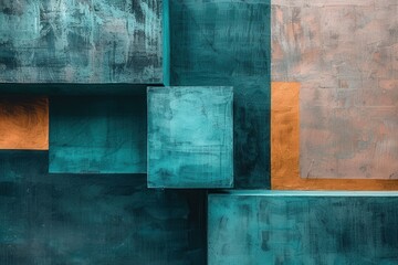 Minimalist abstract art. Teal and burnt sienna blocks contrast dynamically creating a balanced image. Textured surfaces add depth.  A visual feast of color and form.
