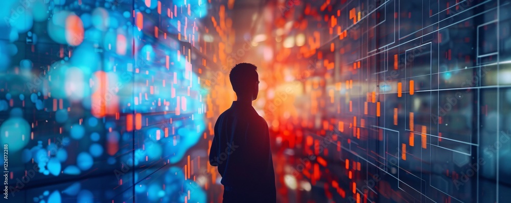 Aufkleber corporate executive stands in a high-tech hallway surrounded by digital data displays