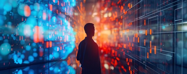 Corporate executive stands in a high-tech hallway surrounded by digital data displays