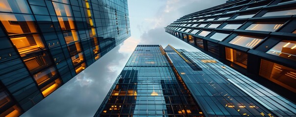 Modern office buildings at night with lights shining from the windows