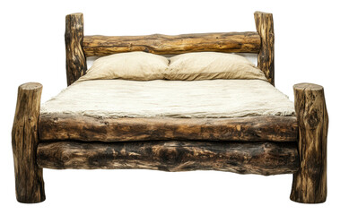 Rustic wooden bed with natural log design isolated on transparent background