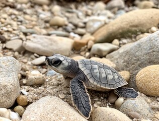 Baby turtle crawling on sandy beach surrounded by pebbles and rocks, capturing the essence of nature's beauty and wildlife conservation efforts
