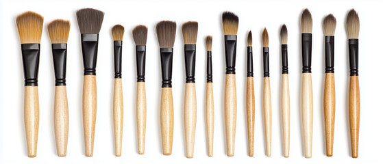 An image of various painting brushes arranged in rows on isolated white background, showcasing their wooden handles and different sizes for artistic activities.